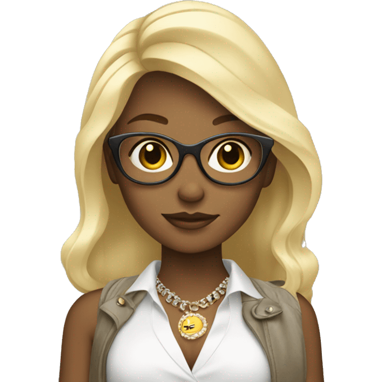 blonde girl with stylish accessories working in marketing emoji