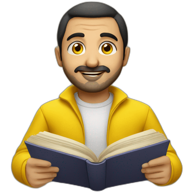 Armenian men with the yellow clothes reading book and looking at camera and smiling  emoji