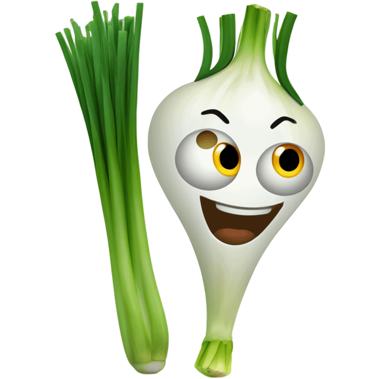 Smiling green onion with a bundle of long, thin green stalks as hair, big expressive eyes, and a cheerful cartoonish face on the white bulb section. Vibrant and playful design. emoji