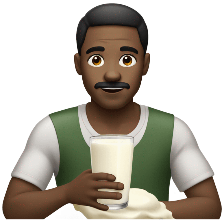 african american man with a short black mustache and short black hair drinking a glass of milk with it spilling all over his face emoji