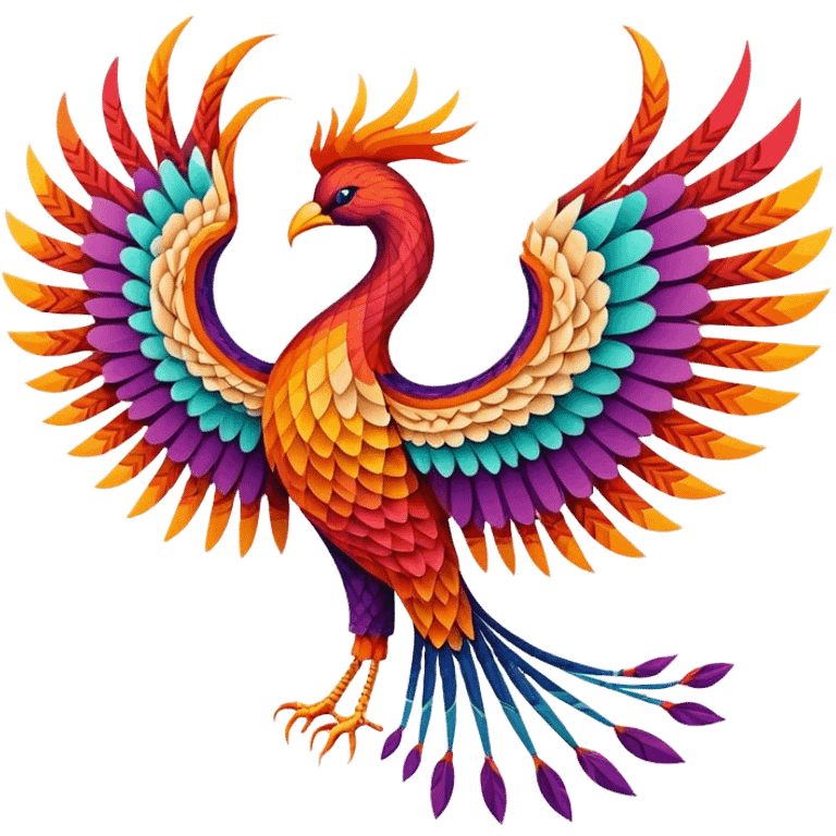 String art icon, large colorful phoenix bird in frontal view, intricate geometric patterns with threads, vibrant colors, minimalistic style, clean lines, transparent background. emoji