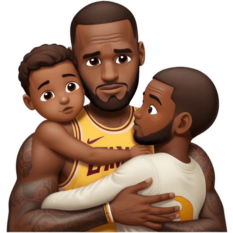 lebron james cradling a boy but he’s smaller than normal and his hands are bigger than the boy’s whole body and he’s whispering “rest now. you’re safe” emoji