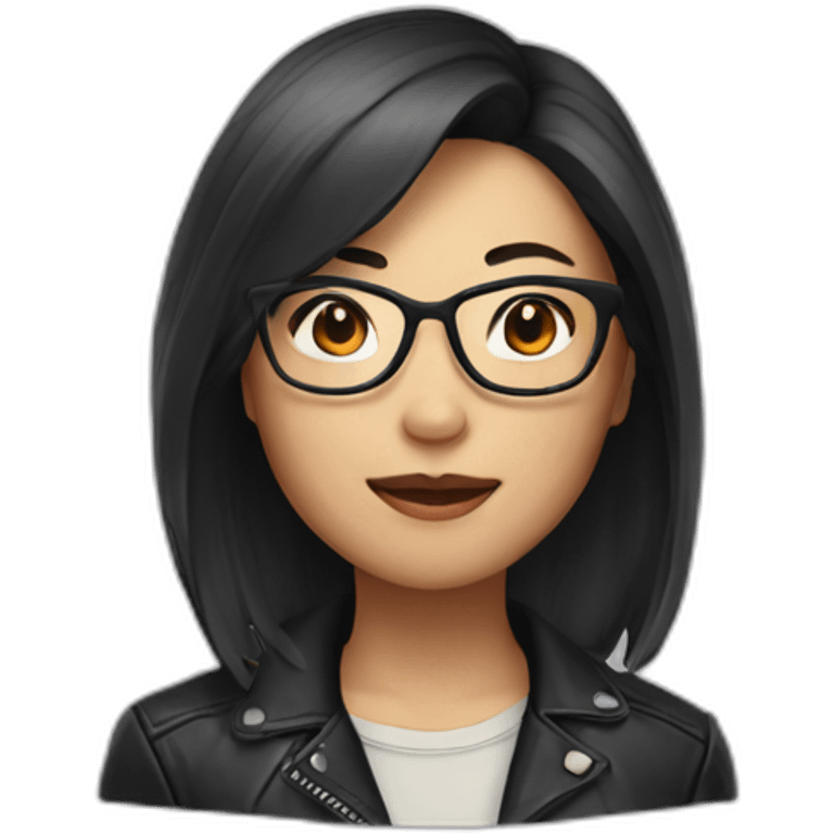 asian woman with glasses and a leather jacket with a shirt and long dark hair emoji