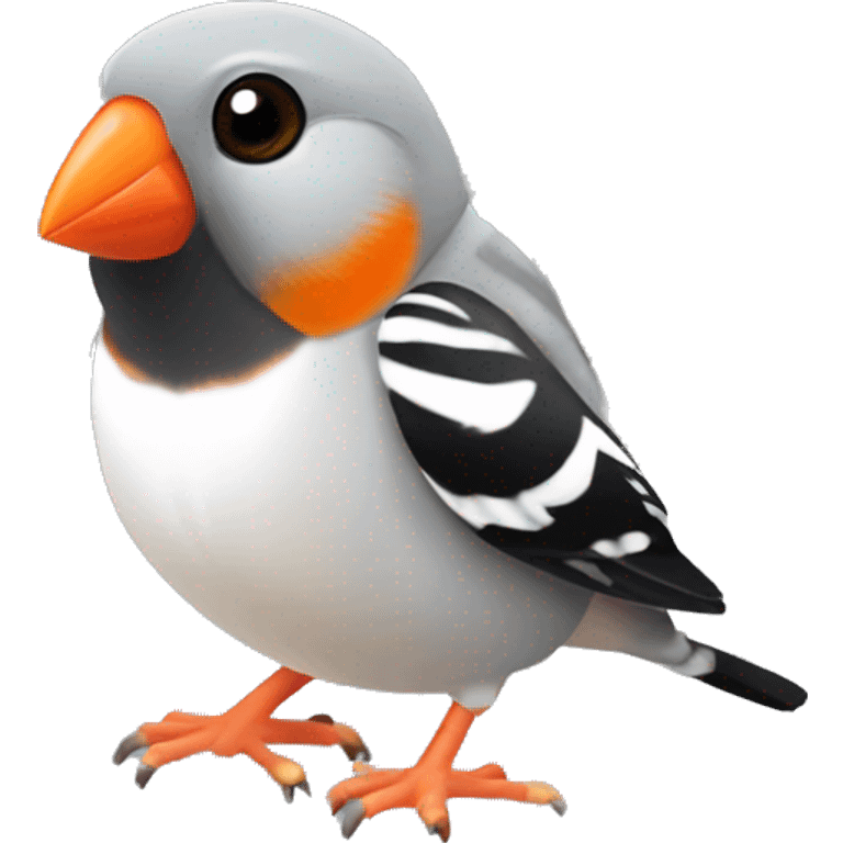 Zebra finch with orange cheeks, grey body, white chest, with black tail, black eyes, and orange feet emoji