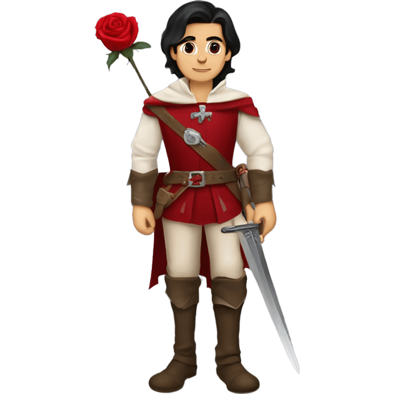 canela skin boy dark hair musketeer with red rose shoulder medieval cape and sword emoji