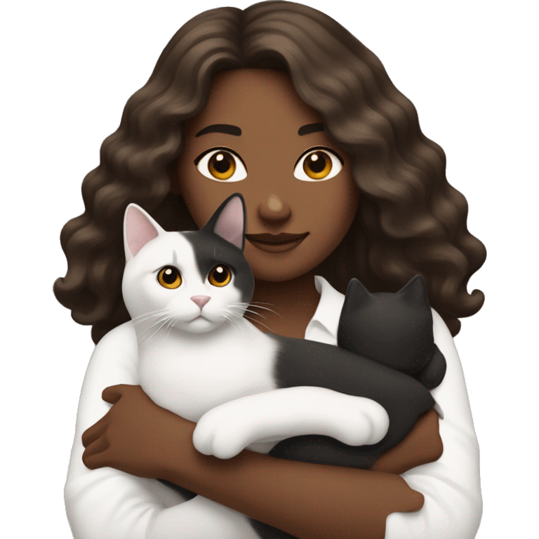 long wavy haired brown skin woman holding black and white cat emoji