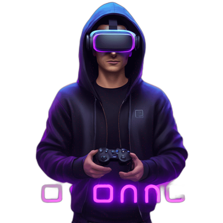 Russian man wearing a black hoodie with "OMG" letters on it and VR headset in a cyberpunk VR environment with violet neon lighting. emoji