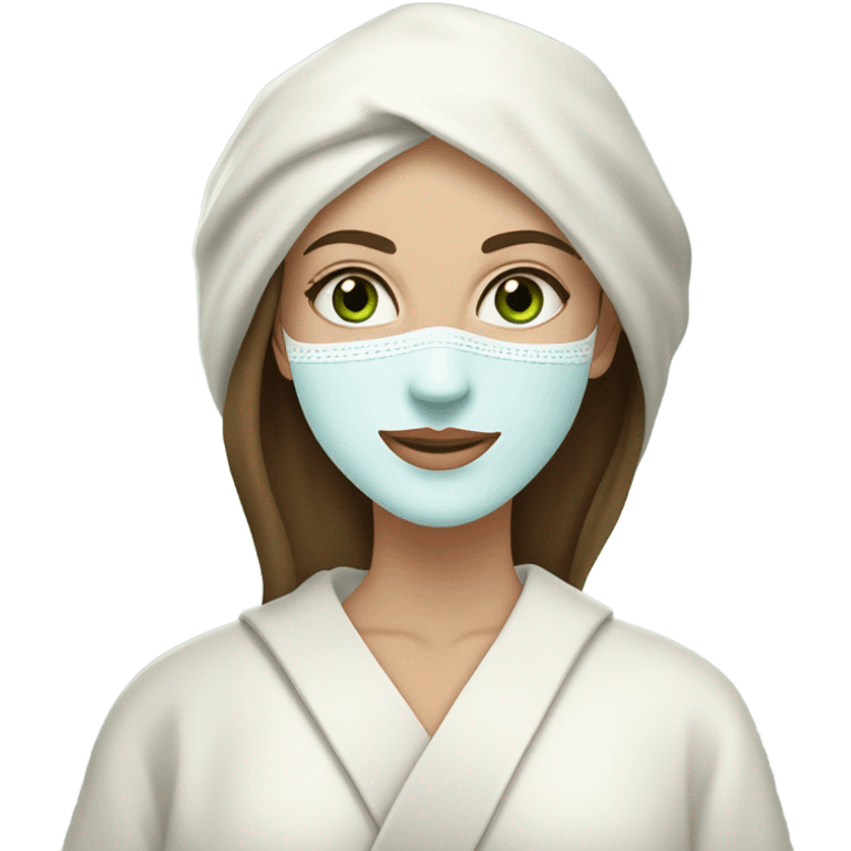 White girl with Brown hair and blue eyes wears a Green clay colored skincare textured mask and puts on cucumbers around her eyes while She relaxes in her white Robe emoji