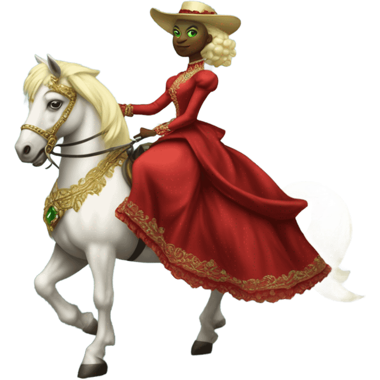 "galora green blonde alien woman" in red Victorian elegant dress, full body, rides "horse gold and white"
 emoji