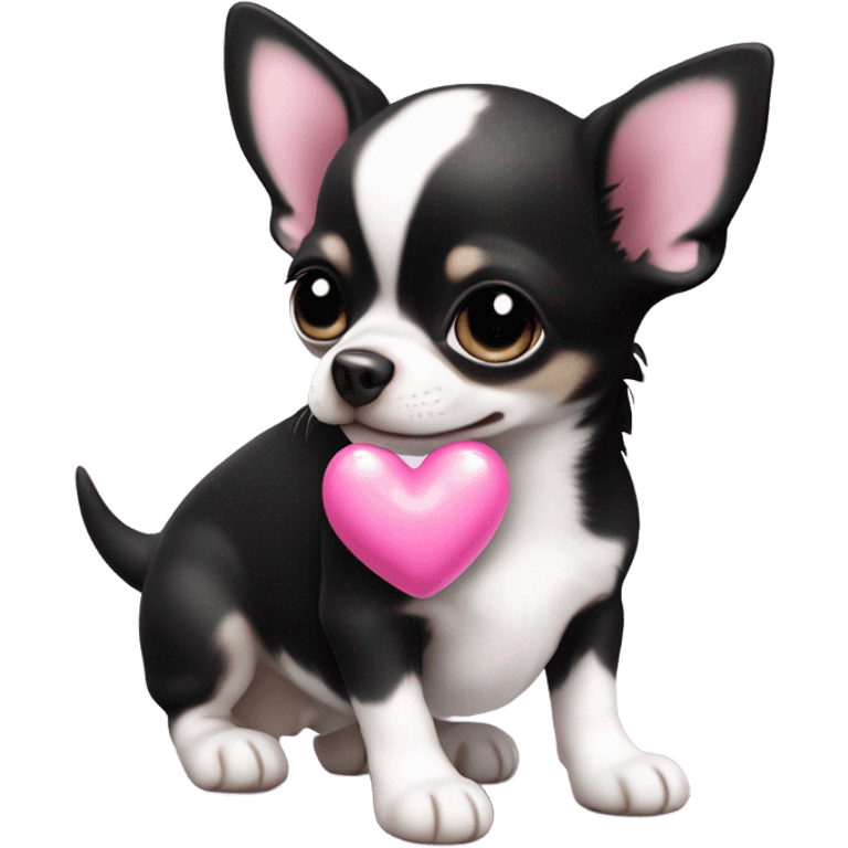 black & white chihuahua puppy with puffy pink heart emoji