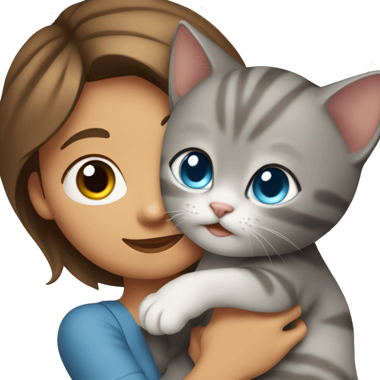 blue eyes grey kitten hugging brown short hair woman emoji