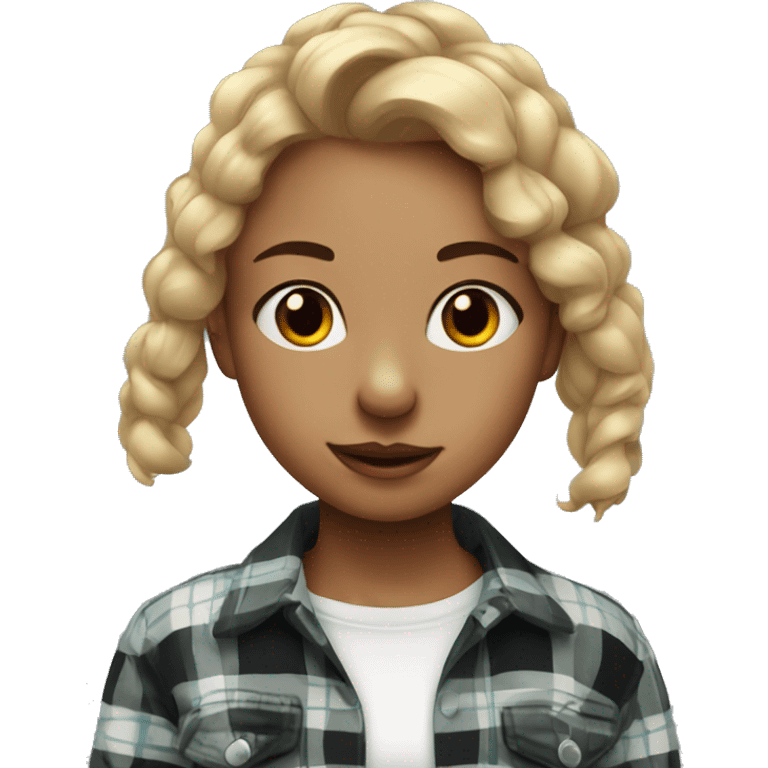 Girl with nose piercing in plaid shirt and jack-russel in  emoji