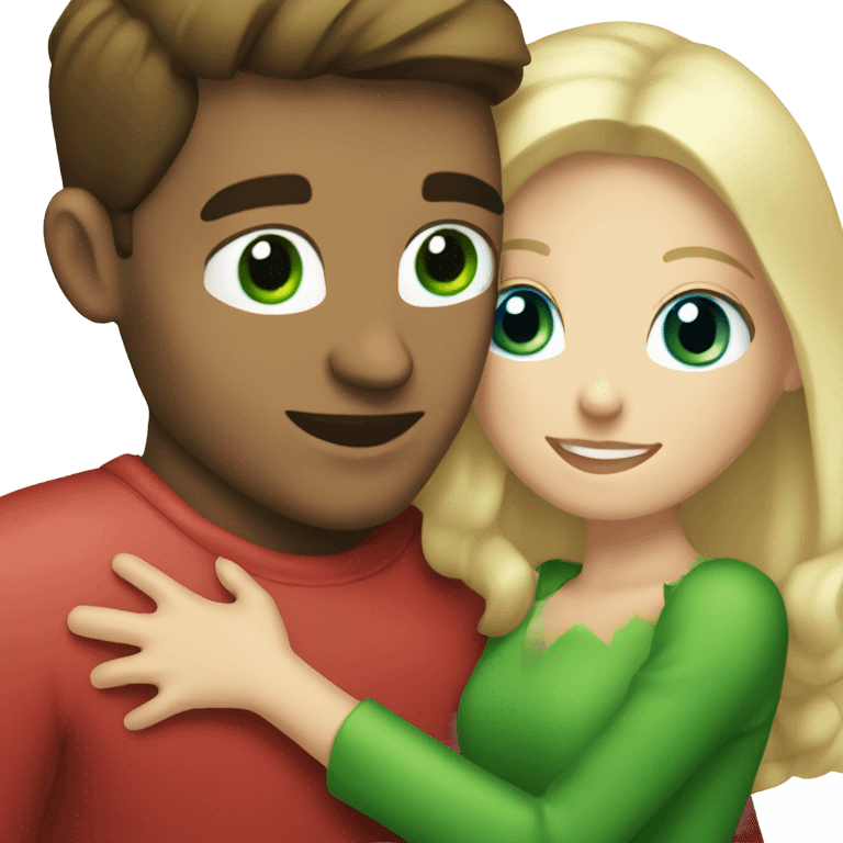 Brunette blue eyed man hugging a blonde green eyed woman at Christmas  emoji