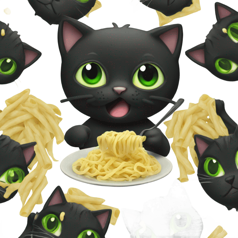 black Cat green eyes eating pasta emoji