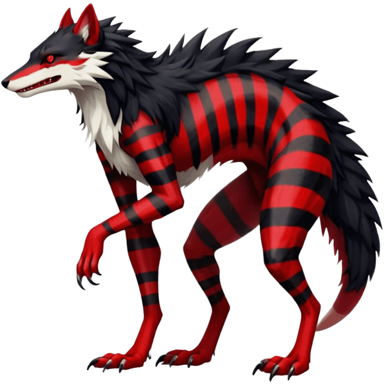 Cool Edgy Vernid-Sergal, Feral, Four Legs, Black fur, thin Red sharp stripes, Full body, LiLaiRa emoji