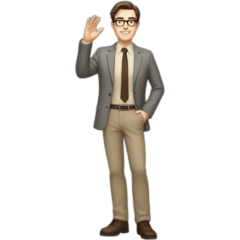 Full height Actively Gesturing Pale skinned fit man with dark brown hair in gray jacket, beige office shirt, brown tie, brown pants and vintage glasses. emoji