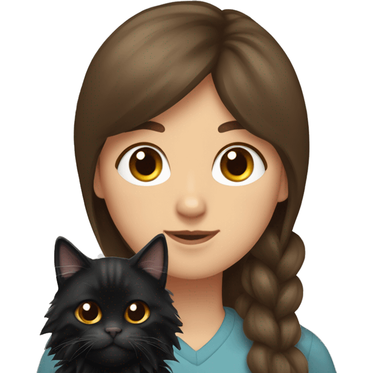 Black Maine coon cat in arms of woman with brown hair and bangs emoji