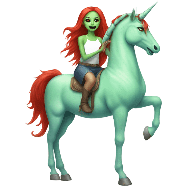 [politically incorrect
	{ woman: alien, color: light green, hair:red, eyes:cat} ]
	on a 
	[{ unicorn: white, legged:four, mane: light blue }] emoji