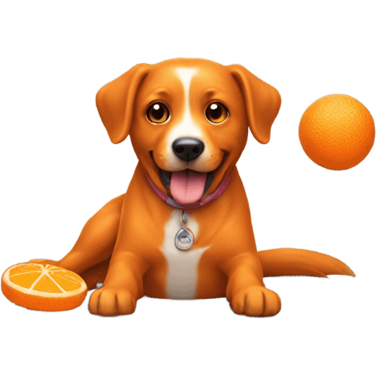 A orange dog playing with dog toy emoji