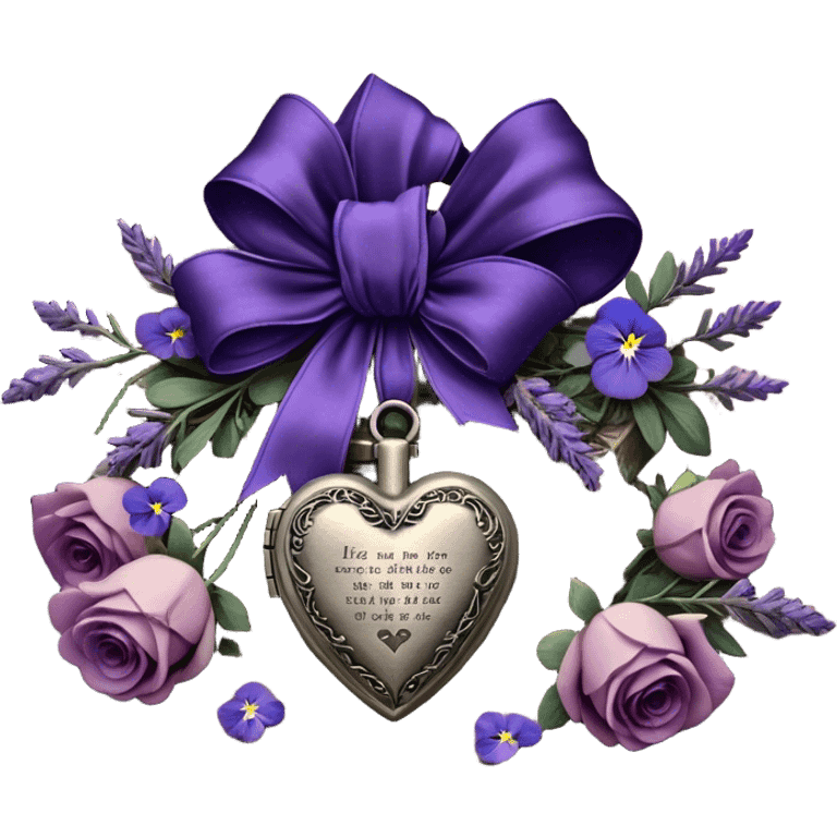 A midnight purple silk bow wraps around a bundle of wilted lavender sprigs, velvety pansies, and blush-violet roses, resting on an aged wooden table. Nearby, an antique silver locket shaped like a heart, engraved with tiny celestial stars, glistens faintly under the dim candlelight. emoji