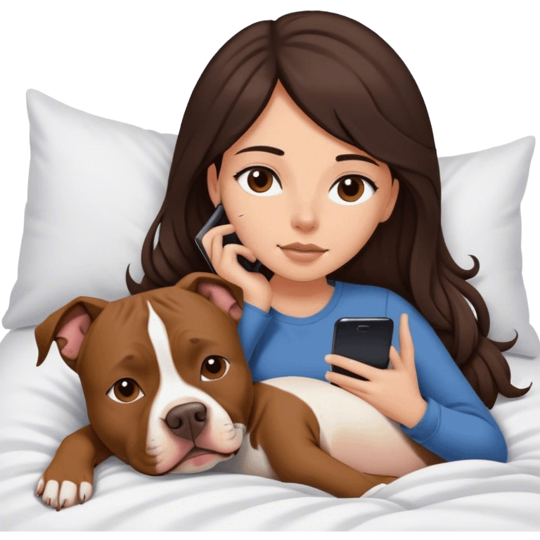 Girl long dark brown hair in layers cascading  down her face lays bed with her cell phone and her brown pit bull lays guarding her emoji