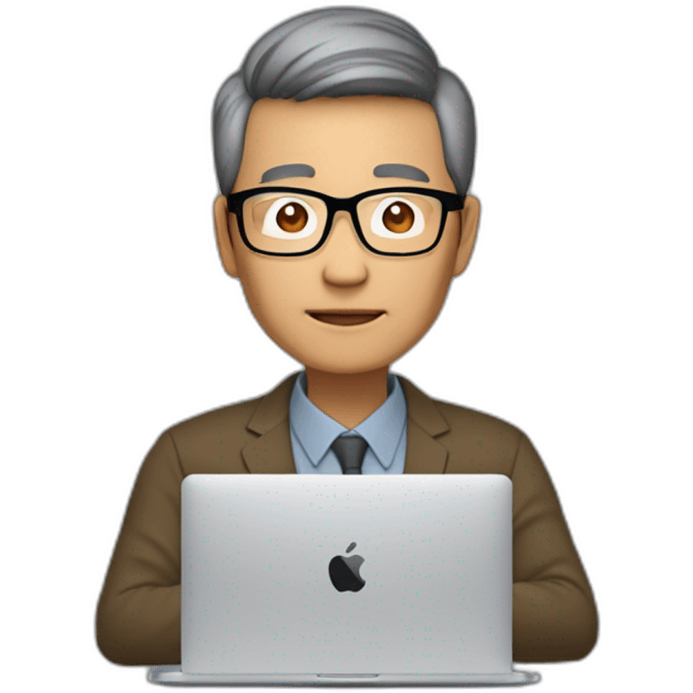 Aged 48 Asian Guy with semi-rimless glasses coding on the macbook emoji