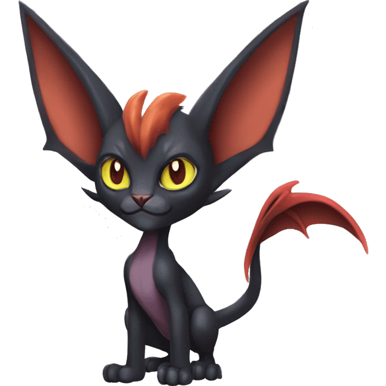 Black cool vampiric Noivern-Litten-Sphynx-Lykoi-Caracal-Fakemon with big bat ears full-body emoji