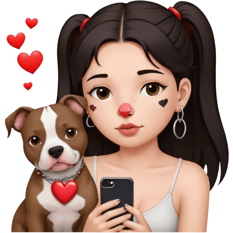 Young girl, with long dark hair,chop you around her face holds her phone sitting by her pitbull. She has a small septum ring in her nose and heart fly all around her. emoji