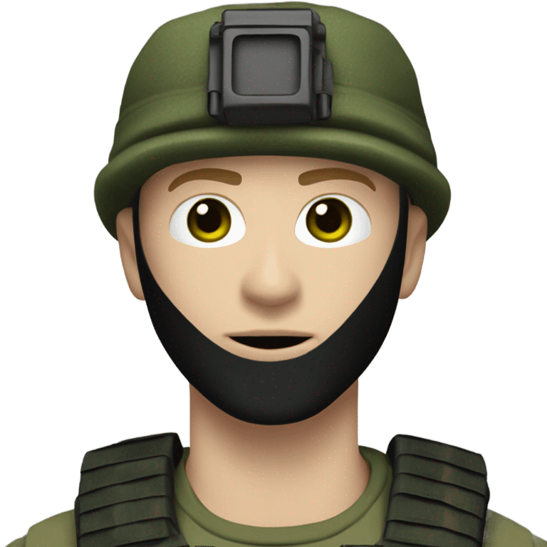 white male, pale skin, call of duty black mask, green camo tactical gear, combat boots, black beanie, hazel eyes emoji