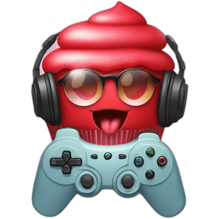 a red cupcake with a gaming headset on the top of it emoji