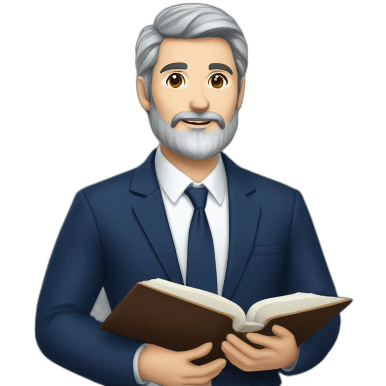 husband classy caucasian 55 dark gray hair trimmed beard wearing navy blue business suit and holding bible, with wife asian age 55 dark hair nurse uniform, no children emoji