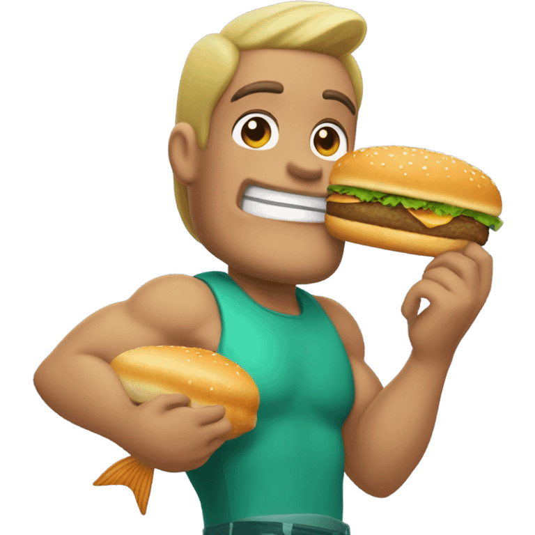 Half-mermaid man eating hamburger emoji