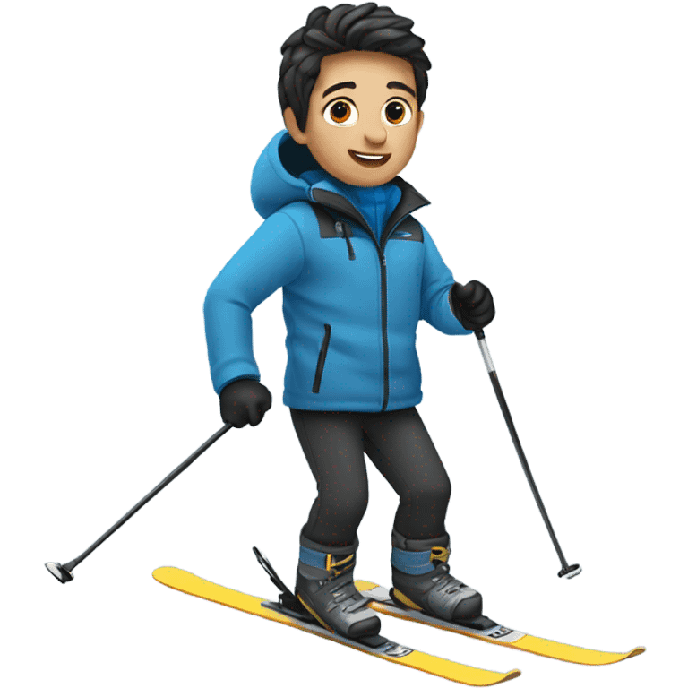 Boy with blue skis on feet. Black pants on legs. And gray jacket on body. Actively skiing  emoji