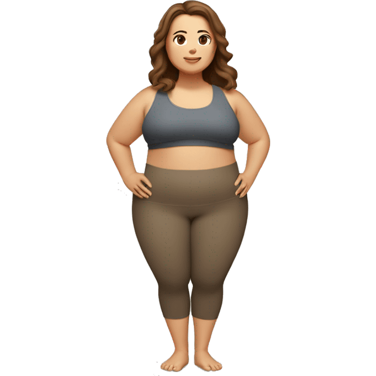 A plus size woman in yoga tree pose. She has light skin, brown straight hair, and brown eyes.  emoji