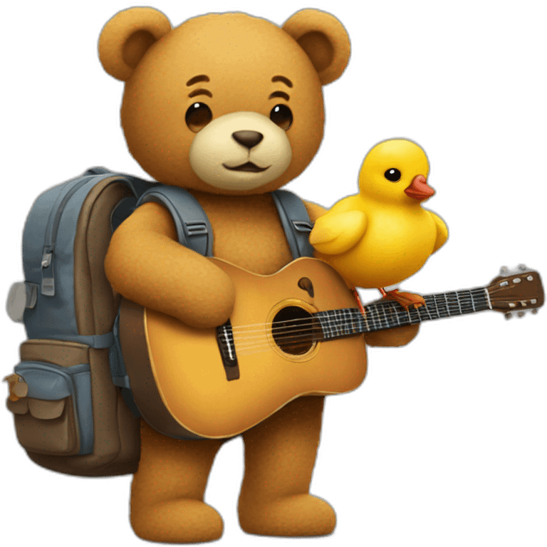 a teddy with a backpack and a guitar holding hands with a chick with a camera and art stuff emoji