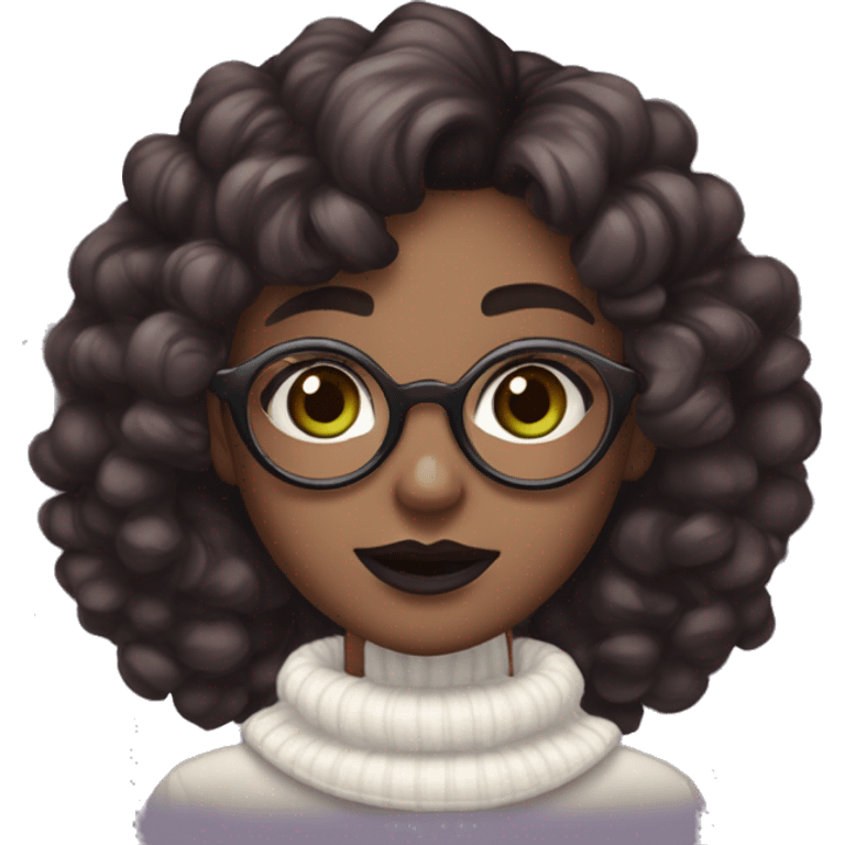 kawaii woman, green eyes, dark brown hair, super curly pigtails, white turtleneck, dark skin color, glasses, dark plum lipstick on full lips, hype expression. emoji