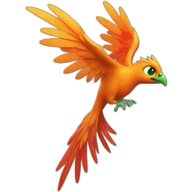 Orange phoenix with red wings green eyes flying  emoji