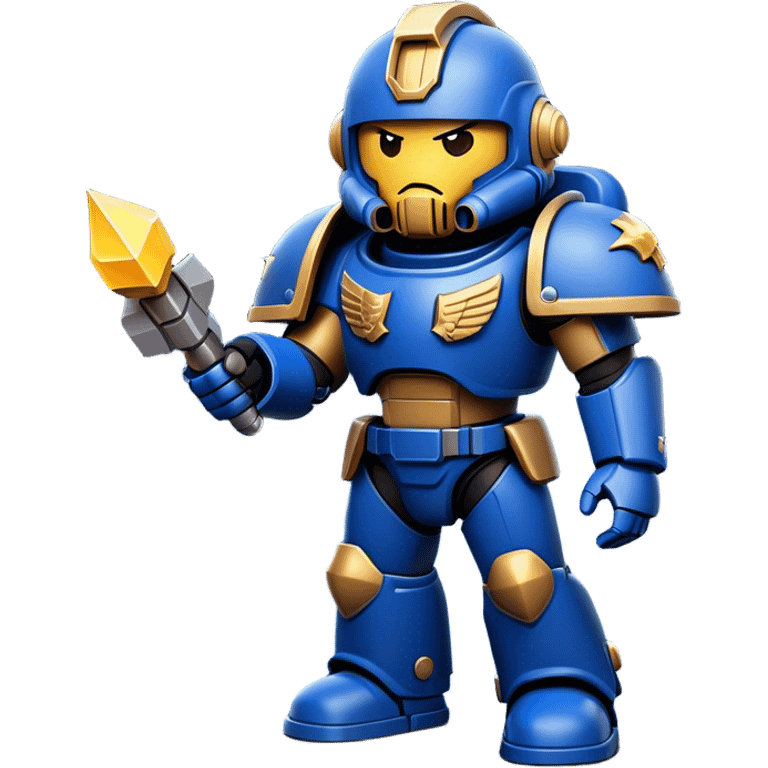 Clash of Clans aesthetic: Cinematic Playful Space Marine Hero Emoji, rendered in a 3D vector-style similar to standard emojis with minimal shading and bold, simplified shapes. A compact, heroic isometric figure clad in futuristic power armor with signature energy accents, softly glowing with a cosmic battle charm. Simplified yet unmistakably iconic, highly detailed and consistent, glowing with a soft radiant shine and high gloss. Stylized with a touch of interstellar valor and a soft glowing outline, capturing the essence of an elite space warrior with a friendly, playful manner! emoji