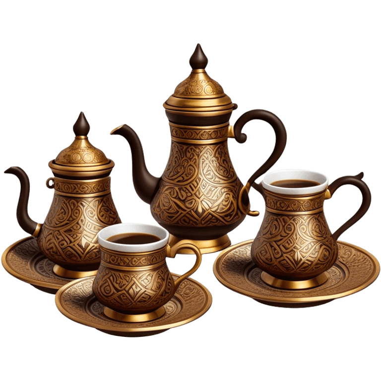 Turkish Coffee Set – Cinematic Realistic Turkish Coffee Set, depicted as an elegantly arranged ensemble of ornate coffee cups and a traditional cezve pot, adorned with intricate patterns and rich, warm colors, rendered with detailed textures and soft ambient lighting that captures its cultural heritage. emoji