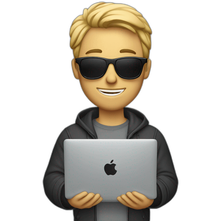 a white man with sunglasses holding macbook pro 14 inch emoji