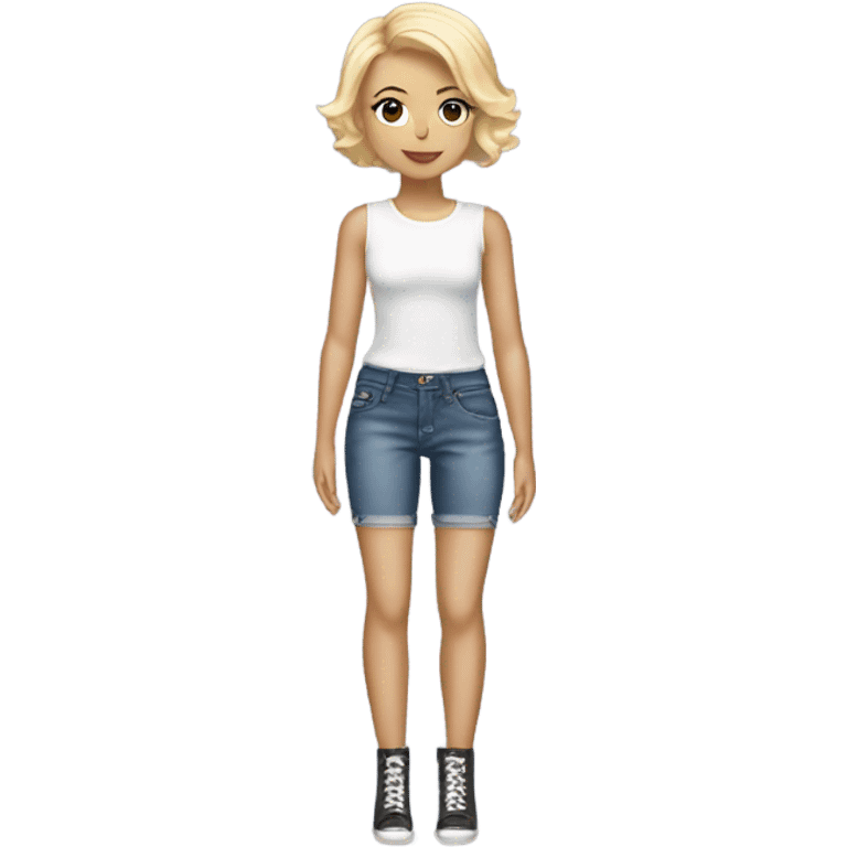 A blonde girl with short hair wearing a Shakira lace up croc top and short jeans and high heels  emoji