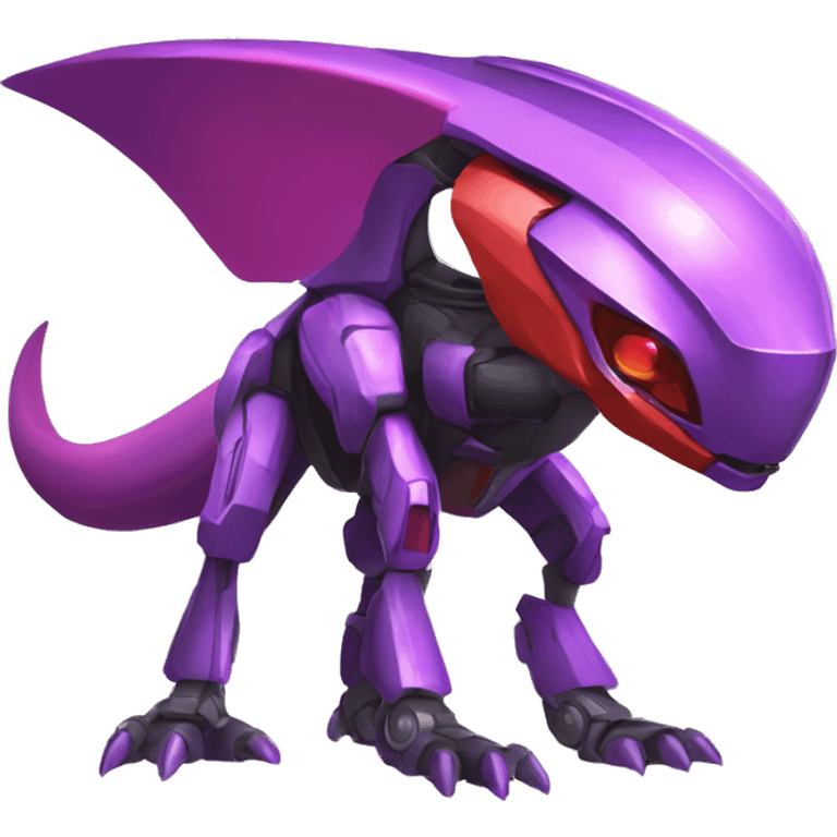 a purple-red Genesect-Raptor-Fakémon—hybrid with a futuristic visor-helmet full body emoji