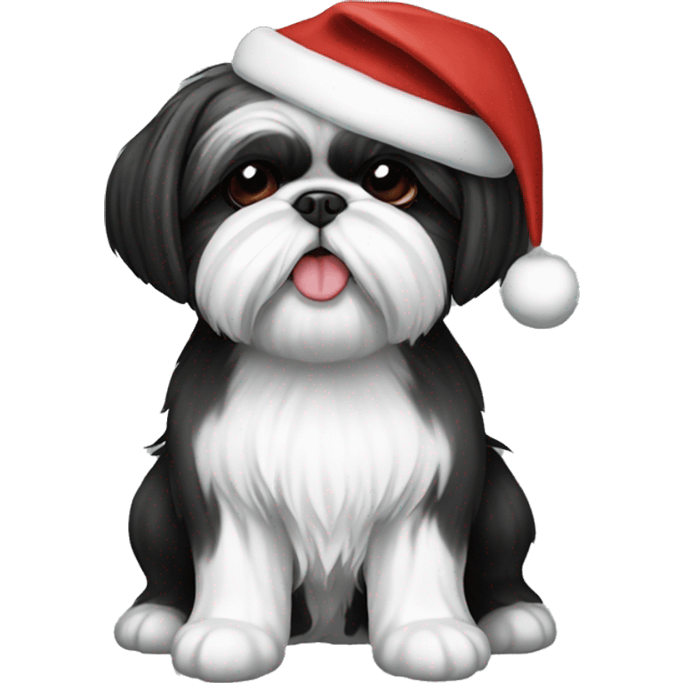 black and white shih tzu with Santa hat emoji