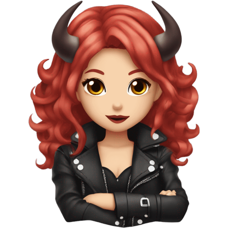 devil hime gyaru girl, red hair with horns, leather jacket emoji