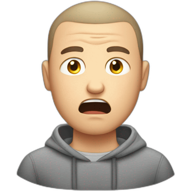 tired white man with buzz cut in gray sweatshirt is terrified emoji