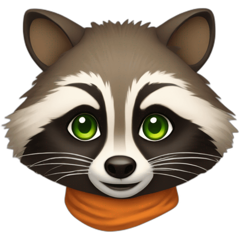 brown raccoon with orange eyes and a dark green hood that smile emoji