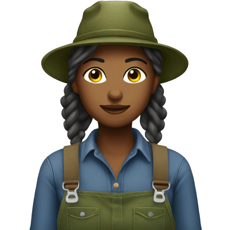 farmer girl in overalls wearing a camo hat emoji