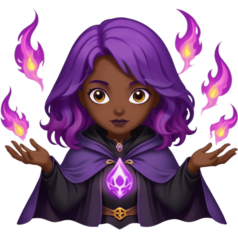 A dark sorceress with wavy purple hair, wearing a black cloak, summoning violet flames emoji