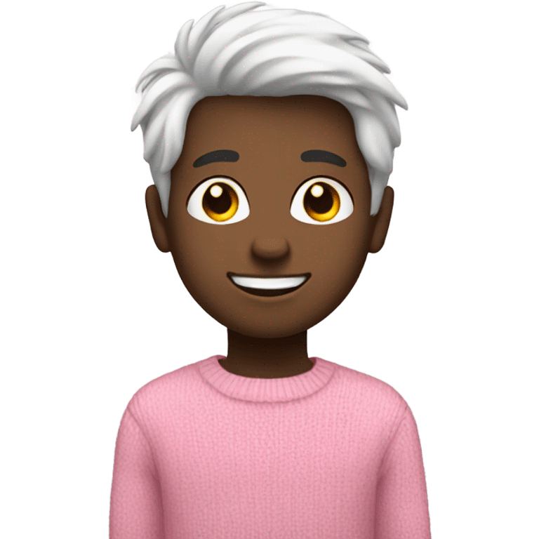 smiling boy in pink sweater with white hair that has black in middle emoji