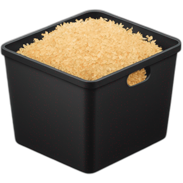 Black cubic plastic container with wood shavings inside, and a white tube with three branches at the top  emoji